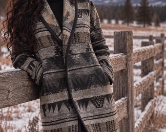 Southwest Wool Blend Cardigan Coat | Boho Duster Coat | Handmade Wrap Coat | Fall Winter Spring Layer | Beach Cover | XS–4XL