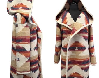 Wool Blend Cardigan Coat With Deep Hood In Southwest Print Desert Sunset Colors