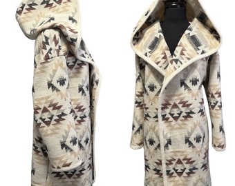 Wool Blend Cardigan Coat With Deep Hood In Southwestern Diamond Print - Sand