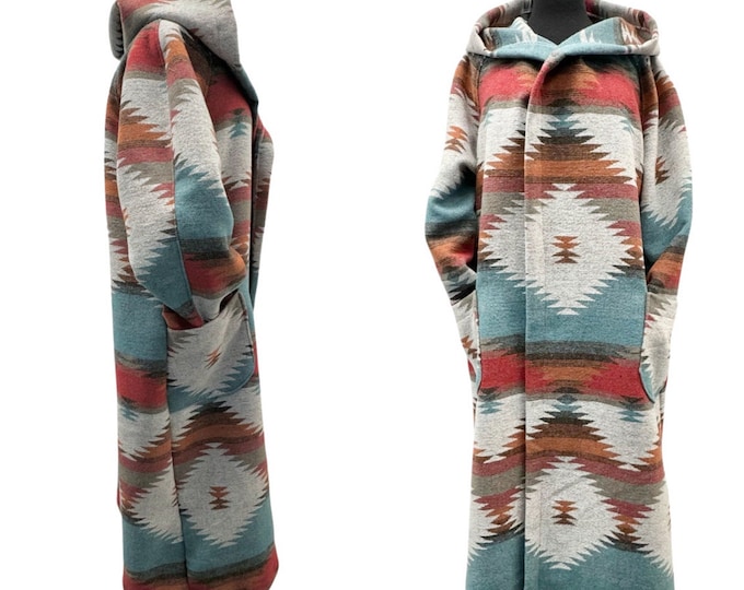 Long Cardigan Coat With Hood In Orange Red Brown And Dark Turquoise - Plateau