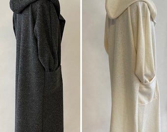 Handmade Long Hooded Wool Coat | 100% Boiled Wool | Women’s Coat with Patch Pockets | Sustainable Outerwear