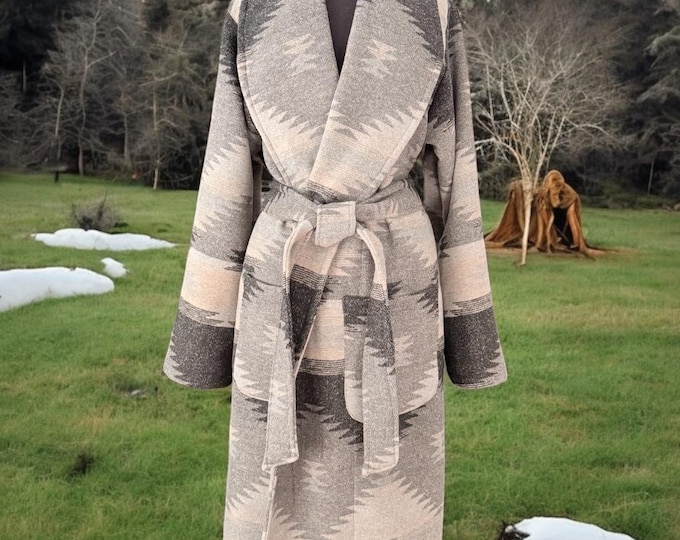 Wool Blend Robe Coat With Shawl Collar In Colors In Black And Grey Tones