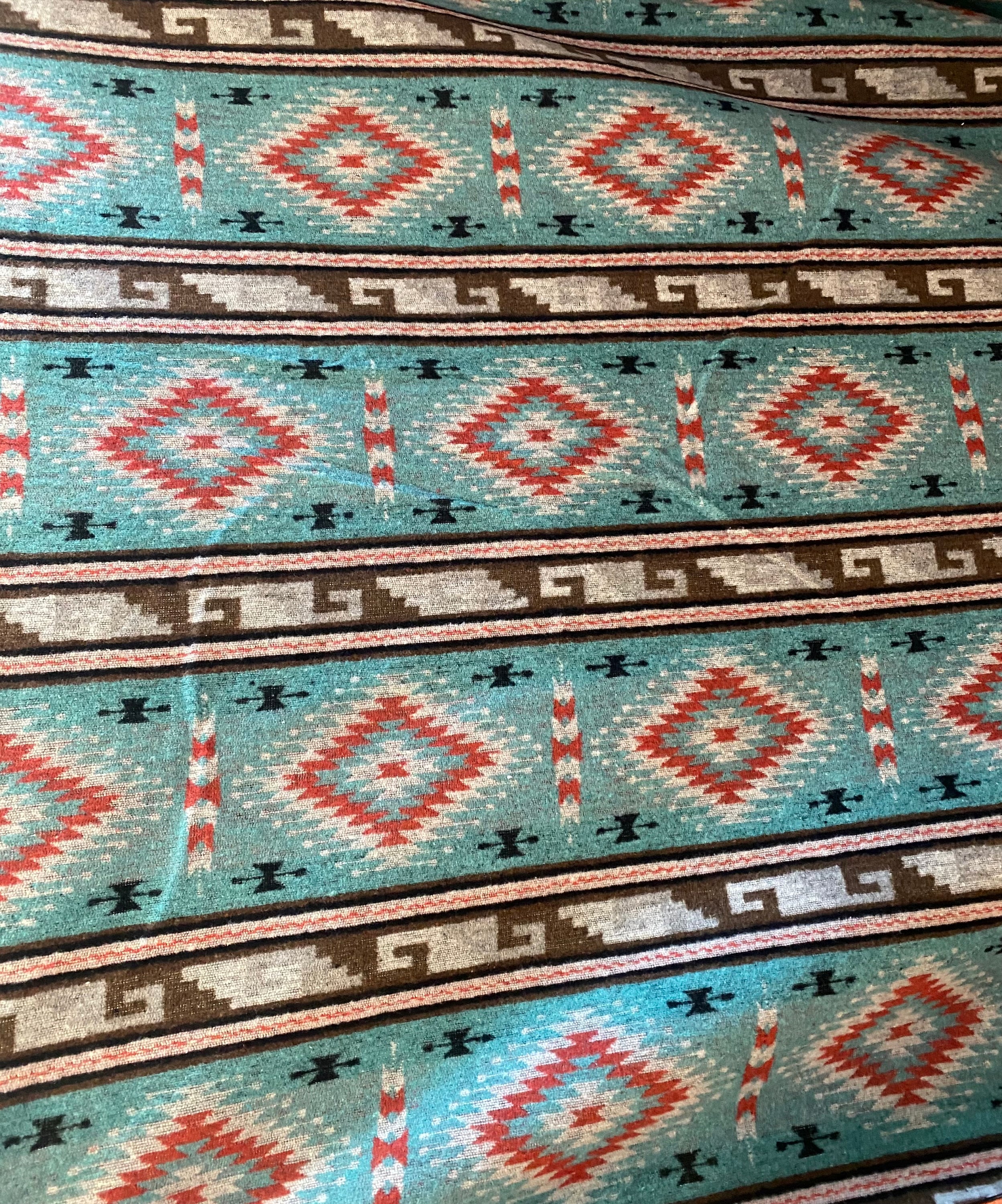 Wool Blend Blanket Throw In Light Turquoise And Dark Salmon Color With Diamond Print