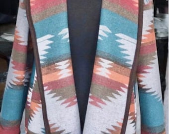 Wool Blend Cardigan Coat In Orange Red Brown And Dark Turquoise - Plateau - Long Jacket | Fall Layer - No Shipping, No Duties