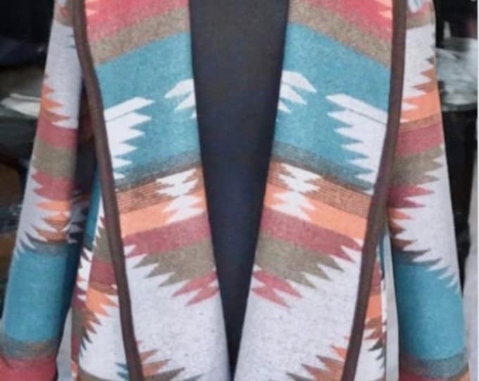 Wool Blend Cardigan Coat In Orange Red Brown And Dark Turquoise - Plateau