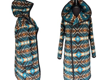 Wool Blend Cardigan Coat With Deep Hood In Cornflower Blue And Earth Tones - Soon To Be Discontinued