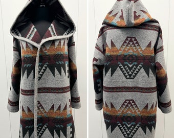 Wool Blend Cardigan Coat With Deep Hood In Southwestern Print Yellow Orange Merlot And Blue - Unlined