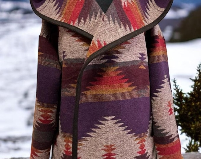 Wool Blend Cardigan Coat With Deep Hood In Purple Red Gold And Grey - Valley - Long Jacket | Fall Layer | Beach Cover Up | Various Sizes