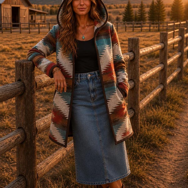 Wool Blend Cardigan Coat With Deep Hood In Orange Red Brown And Dark Turquoise - Plateau - Handmade Outerwear