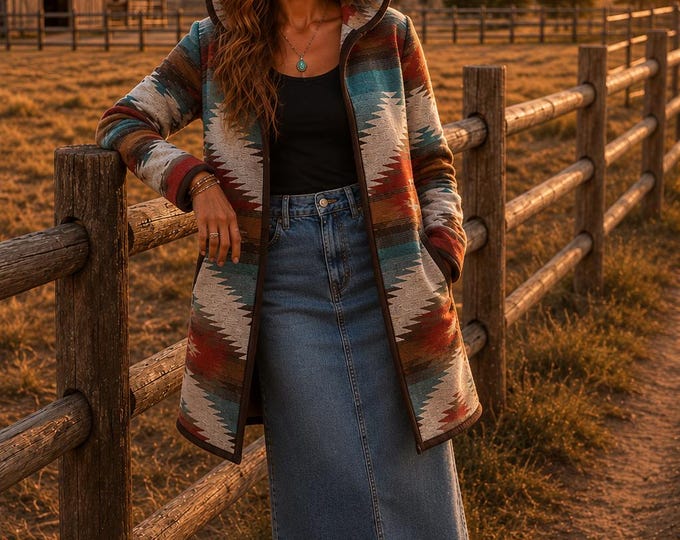 Wool Blend Cardigan Coat With Deep Hood In Orange Red Brown And Dark Turquoise - Plateau - Jacket | Fall Layer | Various Sizes