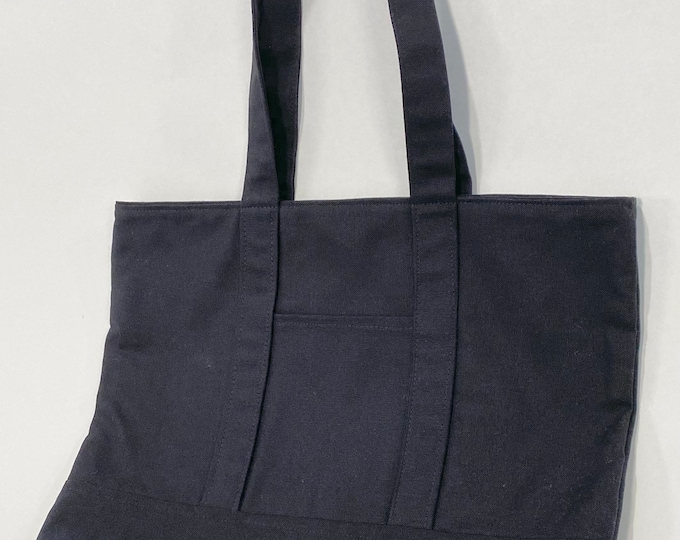 Black Medium Weight Cotton Canvas Tote Bag With 2 Outside Pockets