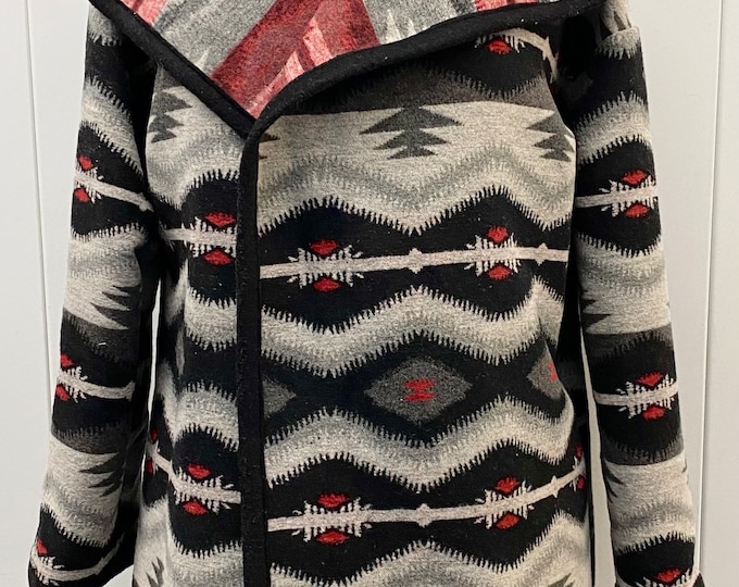 Sample Sale - Wool Blend Cardigan Coat With Hood In White Grey Black And Red Color Print