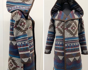Wool Blend Hooded Cardigan Coat In Brown Grey Merlot And Blue With Diamond Print - Long Jacket | Fall Layer | Beach Cover Up | Various Sizes
