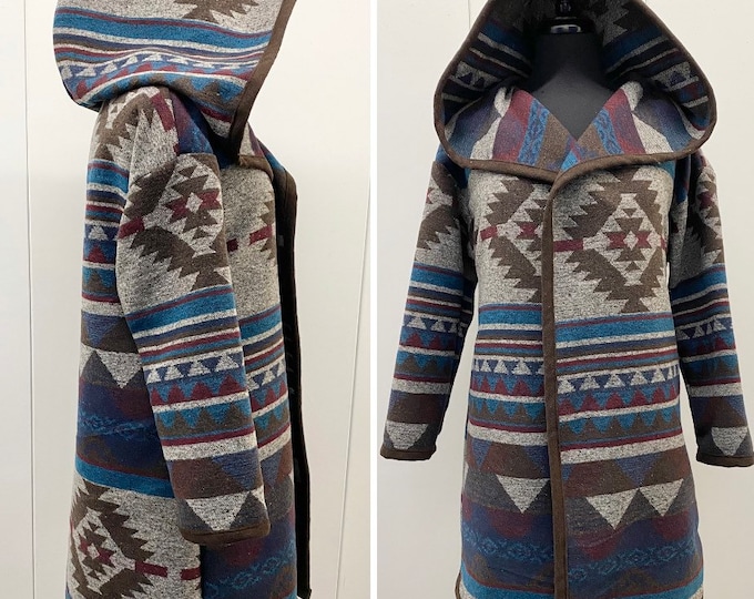 Wool Blend Hooded Cardigan Coat In Brown Grey Merlot And Blue With Diamond Print