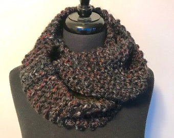 Handknitted Infinity Scarf In Black With Flecks Of Red