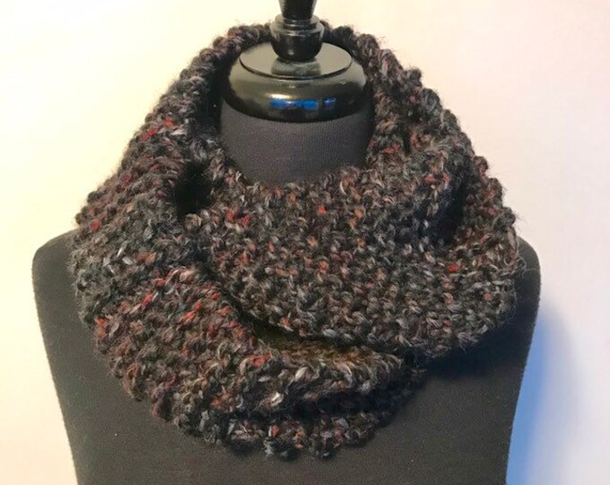 Handknitted Infinity Scarf In Black With Flecks Of Red