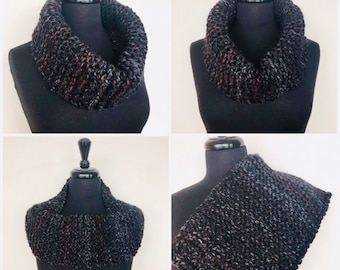 Handmade Chunky Knitted Cowl Scarf In Black With Flecks Of Red Grey And Brown