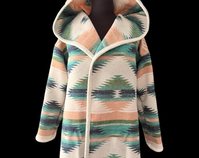 Sample Sale - Wool Blend Cardigan Coat With Hood In Beige and Green - Evergreen