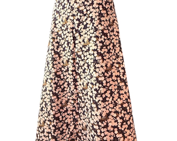100% Cotton Skirt With Pale Pink Blossoms In Dark Navy