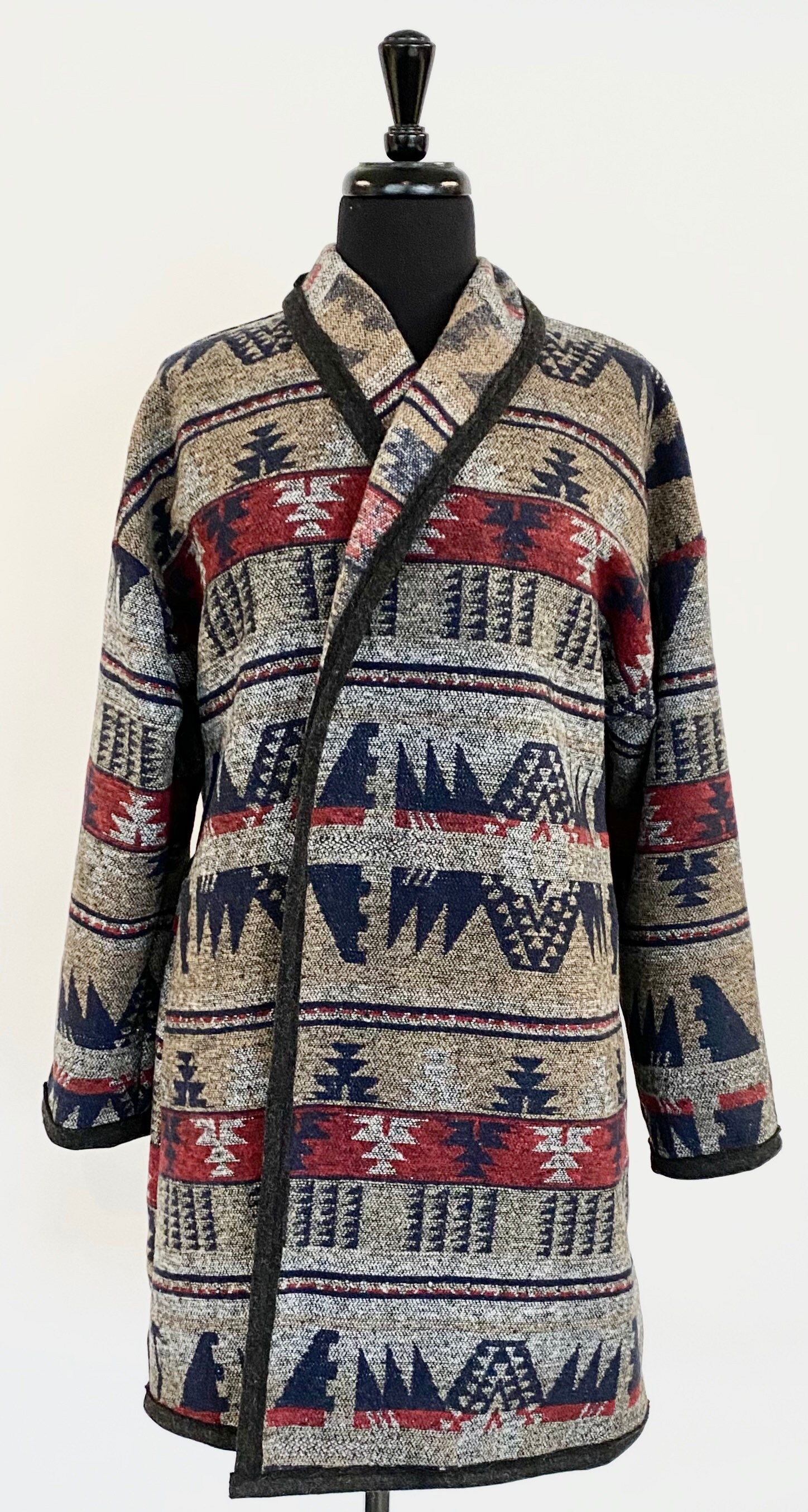 Cardigan Coat In Southwest Print Earthy Tones Merlot Navy