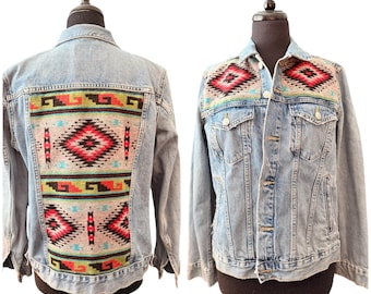One of a Kind Upcycled Denim Jacket | Women’s Medium | Southwestern Wool Appliqué | Boho Vintage Style