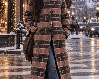 Wool Blend Diamond Southwest Print Coat – Earthy Eco Style | Sizes XS–5XL | Loose Fit | Black With Red And Tan