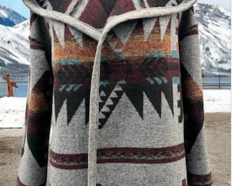 Wool Blend Cardigan Coat With Deep Hood In Yellow Orange Merlot And Blue - North Shore - Long Jacket | Fall Layer | Various Sizes