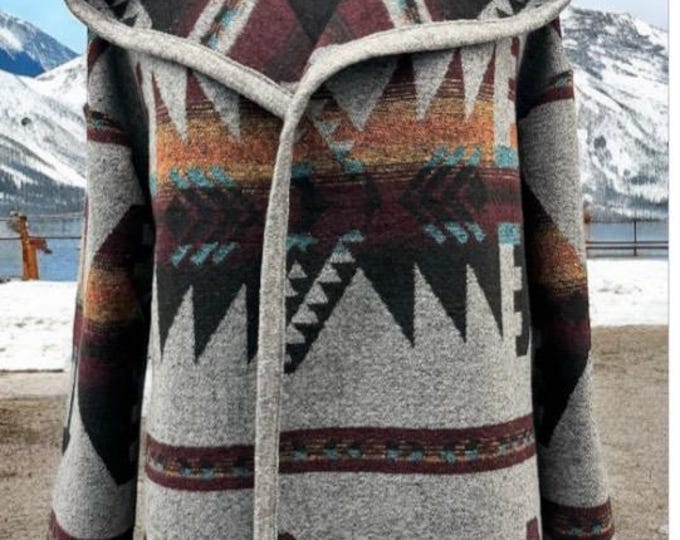 Wool Blend Cardigan Coat With Deep Hood In Yellow Orange Merlot And Blue - North Shore - Long Jacket | Fall Layer | Various Sizes