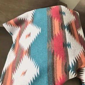 Wool Blend Blanket Throw In Southwest Print Orange Red Brown and Dark Turquoise