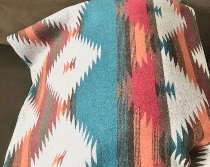 Wool Blend Blanket Throw In Orange Red Brown and Dark Turquoise - Plateau