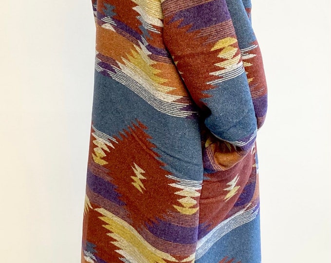 Sample Sale - Long Cardigan Coat With Hood And Pockets In Burnt Sienna Purple Gold And Blue - Canyon