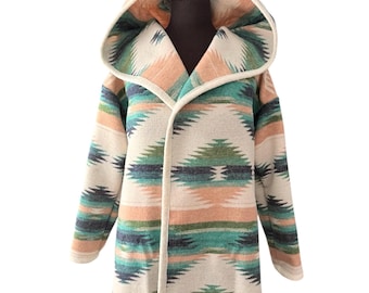 Wool Blend Cardigan Coat With Hood In Beige and Green - Evergreen - Soon To Be Discontinued - Free Shipping, No Duties