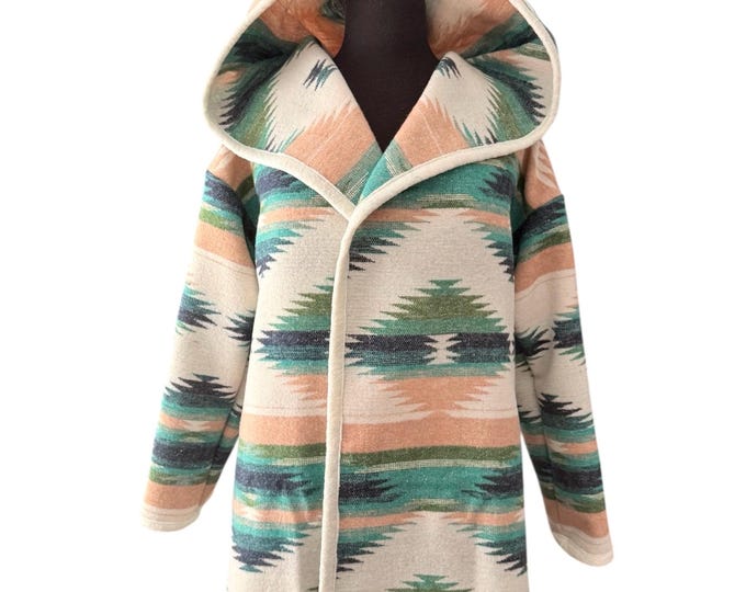 Wool Blend Cardigan Coat With Hood In Beige and Green - Evergreen - Soon To Be Discontinued