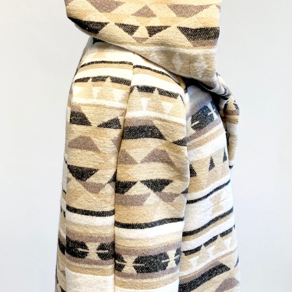 Long Cardigan Coat With Hood And Pockets In Southwest Print Cream Tones