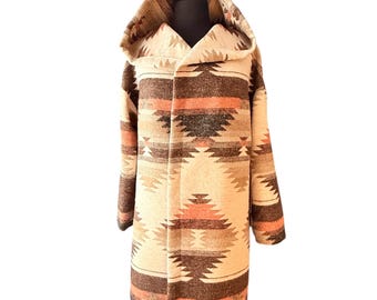 Wool Blend  Cardigan Coat In Cream Salmon Color Diamond Print - Long Jacket | Fall Layer | Beach Cover Up | Various Sizes
