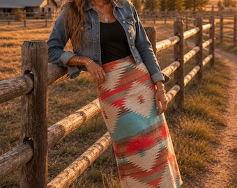 Wool Blend Skirt In Orange Red Brown And Dark Turquoise - Plateau