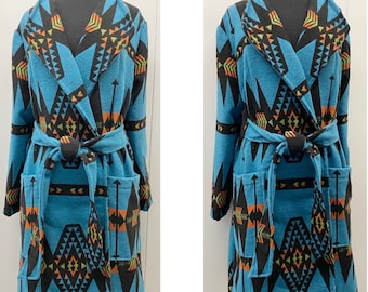 Wool Blend Trench Coat In Blue With Arrow Print