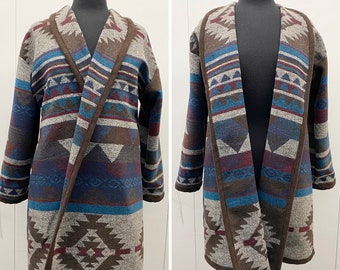 Wool Blend Cardigan Coat In Brown Grey Merlot And Blue With Diamond Print