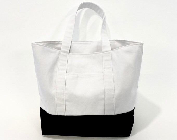 100% Cotton Canvas Tote Bag In White And Black Color Block - 2 Outside Pockets 2 Inside Pockets And Laptop Pocket