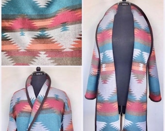 Wool Blend Cardigan Coat In Southwest Print Orange Red Brown And Dark Turquoise - Unlined