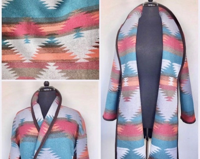 Wool Blend Cardigan Coat In Orange Red Brown And Dark Turquoise - Plateau