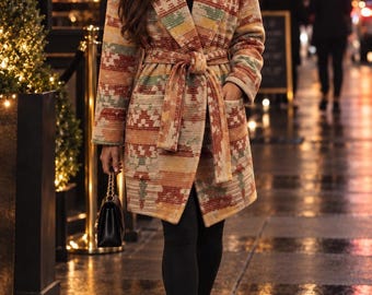 Wool Blend Robe Coat With Shawl Collar In Yellow Red Green And Beige - Heavyweight - Soon To Be Discontinued