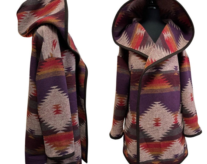 Wool Blend Cardigan Coat With Deep Hood In Purple Red Gold And Grey - Valley