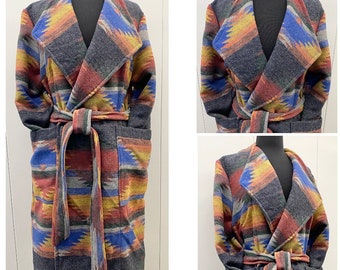 Ready To Ship - Rainbow Color Wool Blend Trench In Southwest Print - Size Small