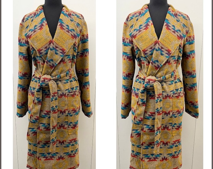 Wool Blend Trench Coat In Southwest Print Dark Beige With Yellow Blue Red And Purple Colors