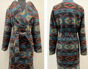 Sample Sale - Wool Blend Trench Coat In Multicoloured Print - Dark Turquoise Red Black And Yellow