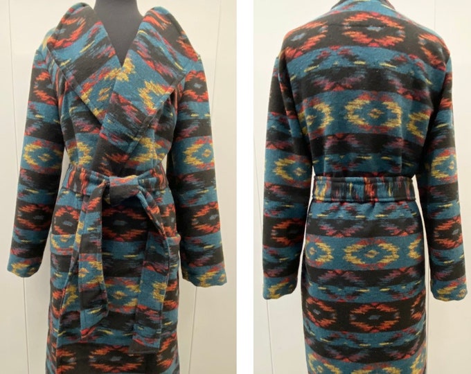 Sample Sale - Wool Blend Trench Coat In Multicoloured Print - Dark Turquoise Red Black And Yellow