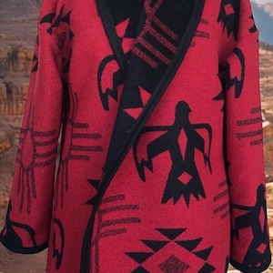 Wool Blend Cardigan Coat In Red And Black Thunderbird Sun Print - Long Jacket | Fall Layer | Beach Cover Up | Various Sizes