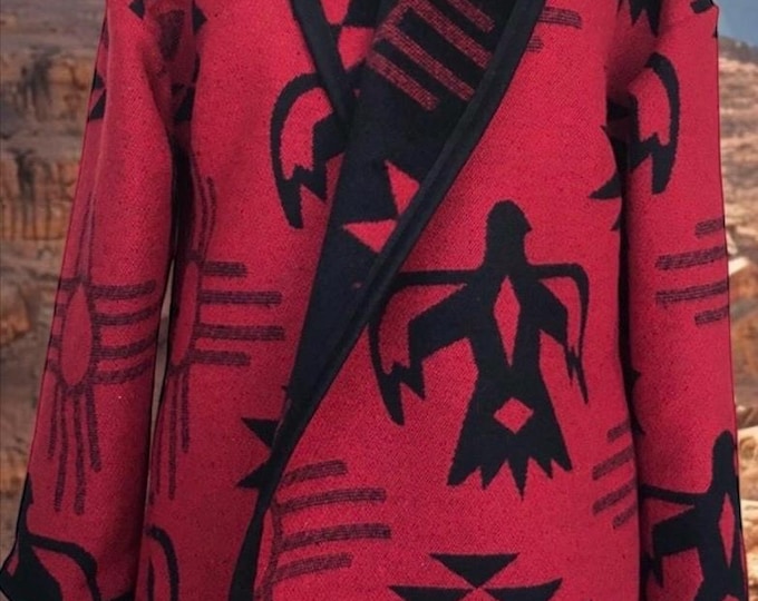 Wool Blend Cardigan Coat In Red And Black Thunderbird Sun Print - Long Jacket | Fall Layer | Beach Cover Up | Various Sizes
