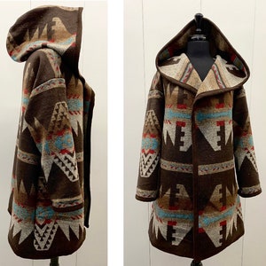 Wool Blend Cardigan Coat With Deep Hood In Southwest Print Brown Tones